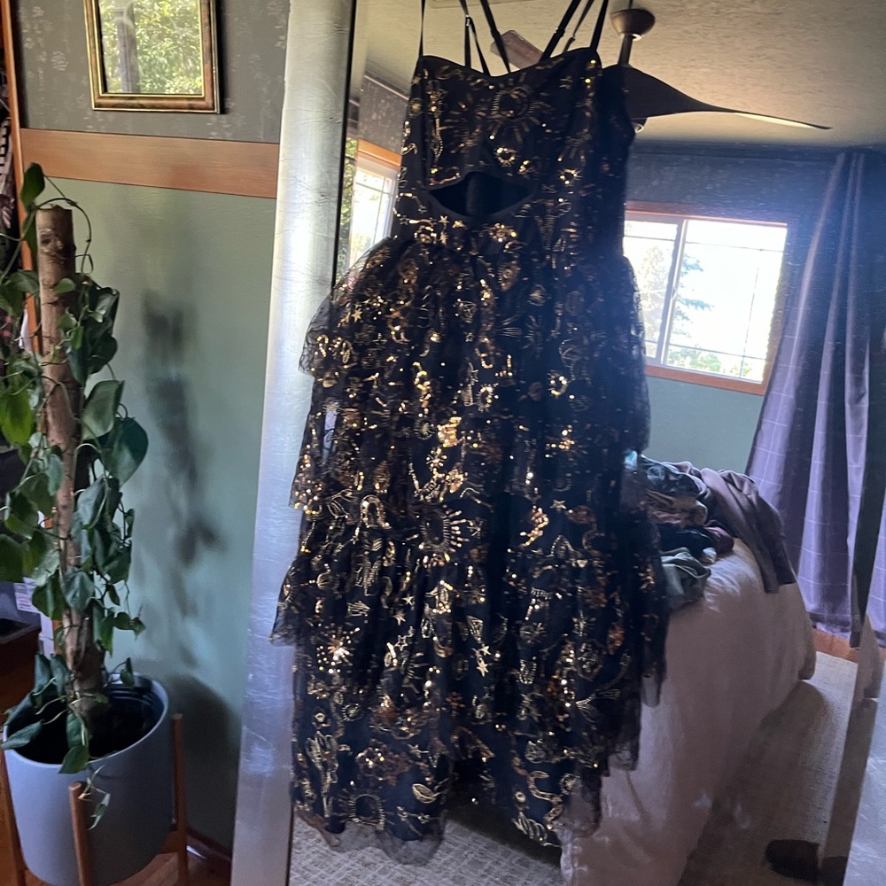 Betsey Johnson Black and Gold Celestial Tiered Midi Dress - Picture 4 of 4